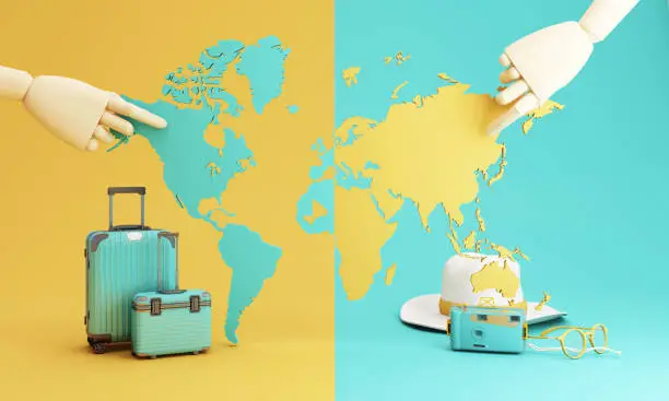 Photo of Travel and adventure and departure concept In summer, surrounded by luggage, camera, sunglasses, hat and world map, with wooden hand picking destination. green and yellow tones 3d render illustration