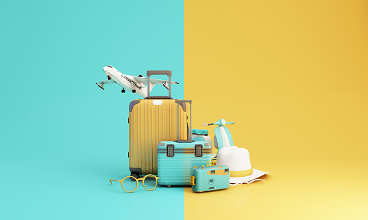 Travel and adventure and departure concept In summer, surrounded by luggage, camera, sunglasses, hat with scooter motorcycle and airplane. green and yellow tones 3d render illustration