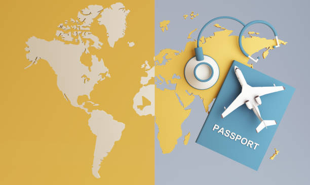 Passport book, placed on a blue and yellow world map with a stethoscope and a white plane. on blue and yellow background 3d illustration rendering