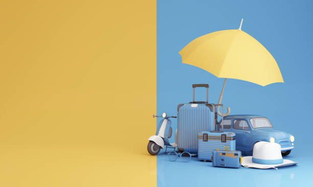 seguro viagem, guarda-chuva conceito viagem e proteção cercado por bagagem, câmera, óculos de sol, chapéu com scooter e carro em tons azul e amarelo 3d render ilustração - travel insurance - fotografias e filmes do acervo