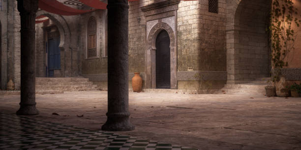 istock Empty courtyard in an Arabian town with stone buildings, tiled floor, plant pots and dappled sunlight. 3D illustration. 1380248569