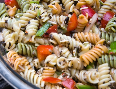 Close-up of fresh pasta salad in a bowl