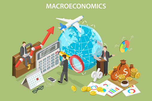 3D Isometric Flat Vector Conceptual Illustration of Macroeconomics, International Finance and Global Markets