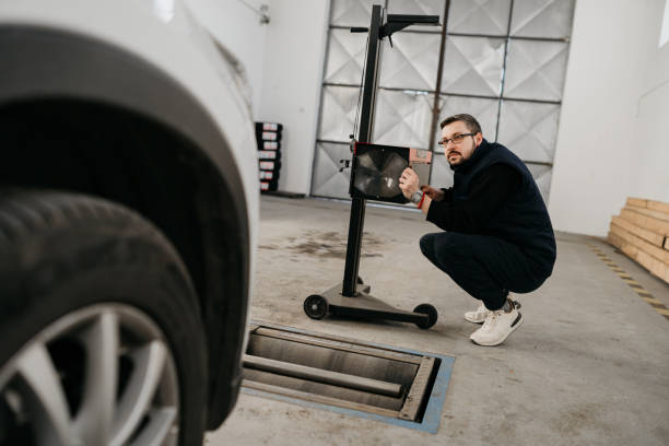 istock Light calibrating machine in car preparing the vehicle for technical inspection 1380260121