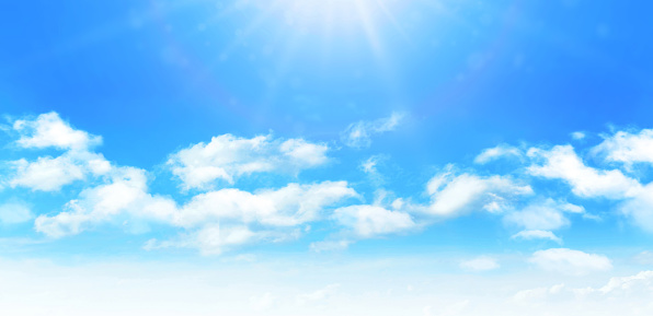 Sunny day background, blue sky with white cumulus clouds and glaring sun, natural summer or spring background with perfect hot day weather, vector illustration.