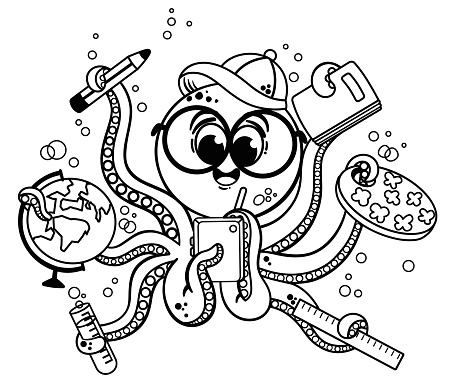 Talented octopus student ready for school. Black and White Vector illustration.
