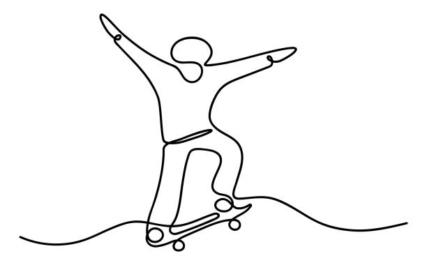 ilustrações de stock, clip art, desenhos animados e ícones de continuous line of silhouette of skateboarder, doing jump isolated on white background. sketch in line hand-drawn style. stylish summer poster, banner. vector - skateboarding skateboard silhouette teenager