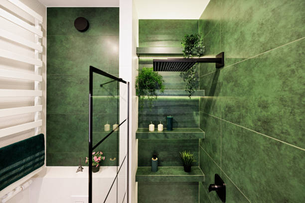istock Green luxury bathroom, black rain shower head. 1380348102