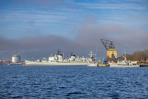 Naval museum ships in the harbor of Copenhagen on a clear day og early spring