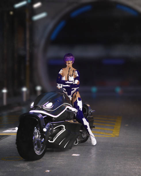 киберпанк-женщина на футуристическом мотоцикле на темной городской улице ночью. 3d иллюстрация. - motorcycle women tattoo sensuality стоковы�е фото и изображения