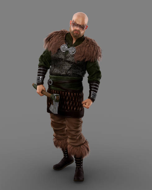 istock Medieval Norse Viking warrior man standing in aggressive pose with warpaint on his face and a bearded axe in his hand. 3D illustration isolated on grey background. 1380354812