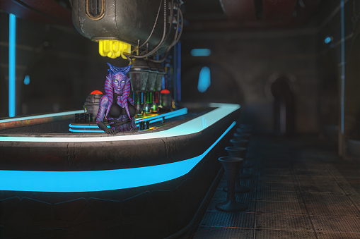 Alien female bartender in a fantasy futuristic bar on a planet in a far off galaxy. Science fiction concept 3D illustration.