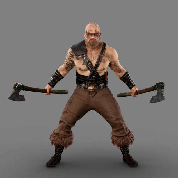 Fierce barbarian viking warrior man with tattoos and war paint standing with a bearded axe in each hand ready for battle. 3d illustration isolated on grey.