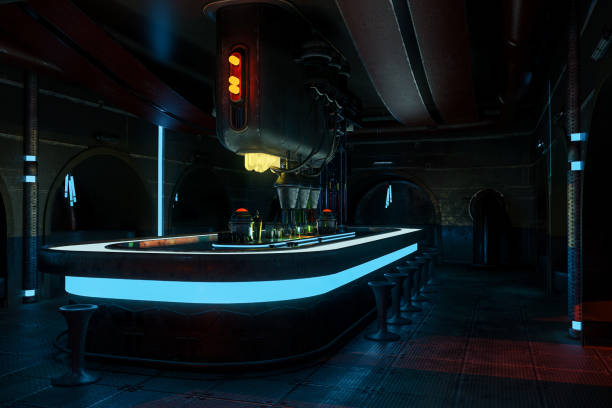 Dark futuristic alien drinks bar interior. Science fiction or cyberpunk fantasy 3D irendering. stock photo