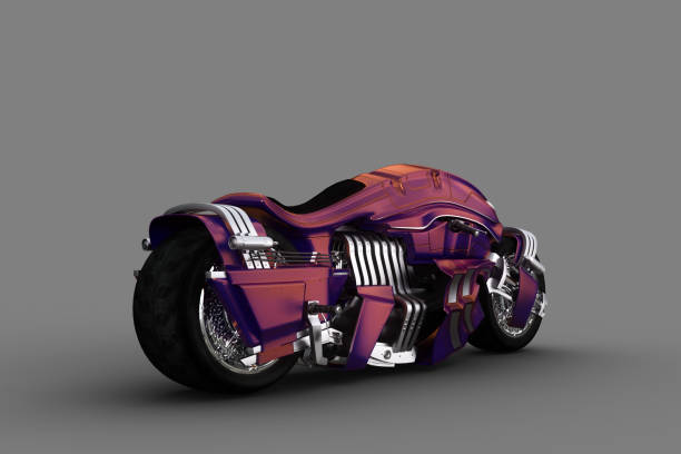 istock Rear perspective view of a fantasy future cyberpunk motorcycle. 3D rendering isolated on grey background. 1380355365