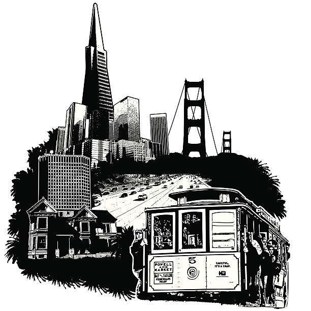 illustrazioni stock, clip art, cartoni animati e icone di tendenza di paesaggio urbano di san francisco - bridge golden gate bridge bay san francisco county