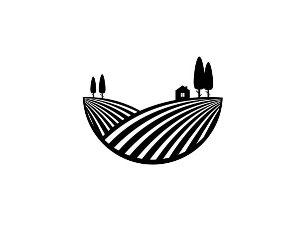 ilustrações, clipart, desenhos animados e ícones de logotipo de paisagem preto monocromático simples com casa e árvores no morro - quinta orgânica