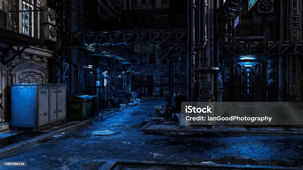 Dark seedy backstreet in a fantasy future cyberpunk city with moody blue tones. 3D illustration. Dark seedy backstreet in a fantasy future cyberpunk city with moody blue tones. 3D rendering. City Stock Photo