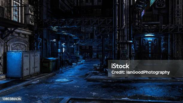 Dark Seedy Backstreet In A Fantasy Future Cyberpunk City With Moody Blue Tones 3d Illustration Stock Photo - Download Image Now