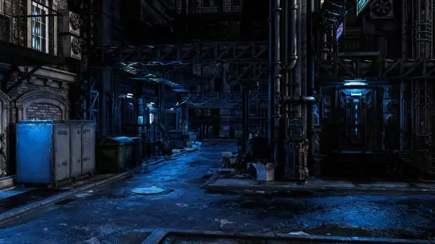 Dark seedy backstreet in a fantasy future cyberpunk city with moody blue tones. 3D rendering.