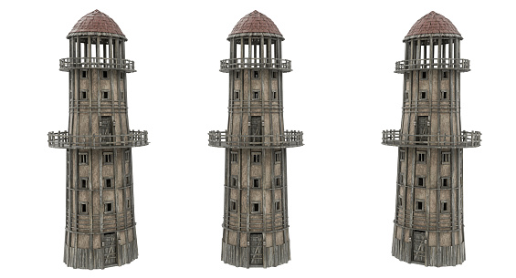 Medieval round watch tower with lookout balcony. 3D rendering with 3 different angles isolated on white.