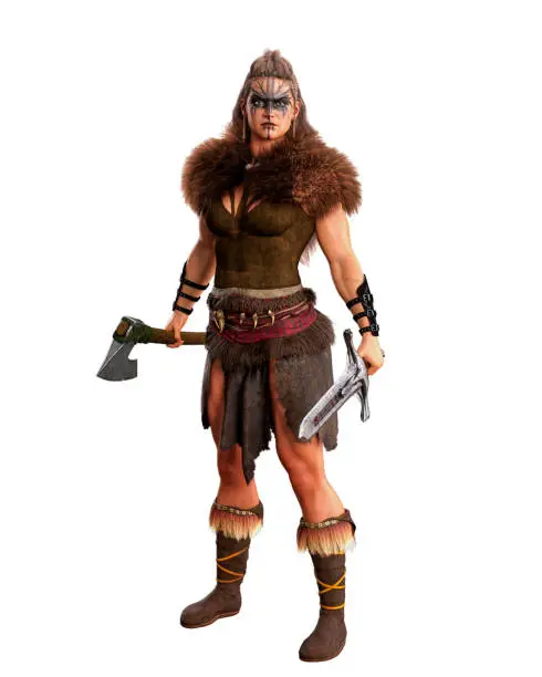 Photo of Tall strong Viking warrior woman in barbarian costume holding bearded axe and sword. 3D rendering isolated on white background.