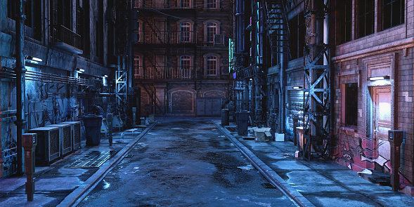 Wide panoramic view of a dark futuristic cyberpunk city street at night. 3D rendering.