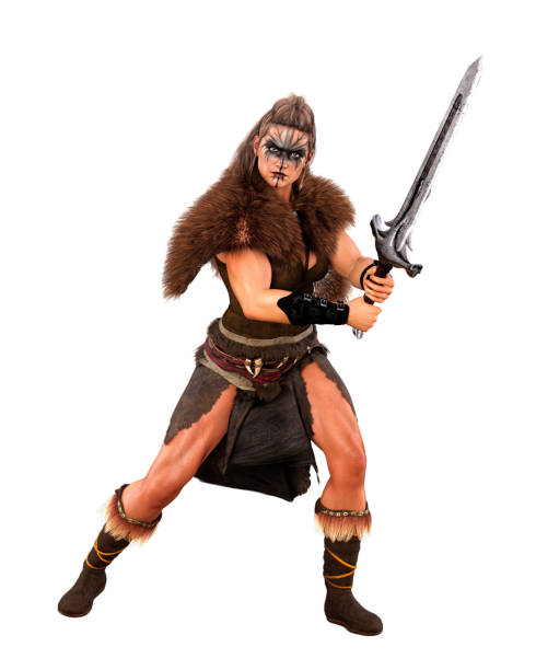 Barbarian female Viking warrior holding a sword in two hands in fighting pose. 3D rendering isolated on white.