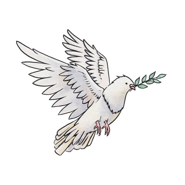 istock Watercolor style flying white dove holding a tree branch Raster material 1380394972