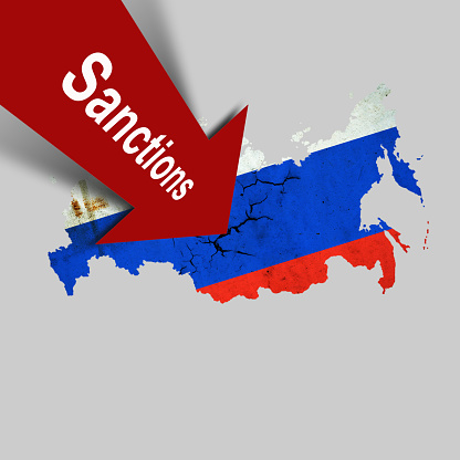 Sanctions. Russia. Red arrow and cracked flag of Russia in the form of a map. Russia's aggression. Politics. Economy. Economic crisis. The collapse of the economy.