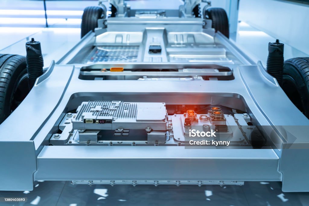Chassis of the electric car with powertrain and power connection,electric system of eco car concept. Battery Stock Photo