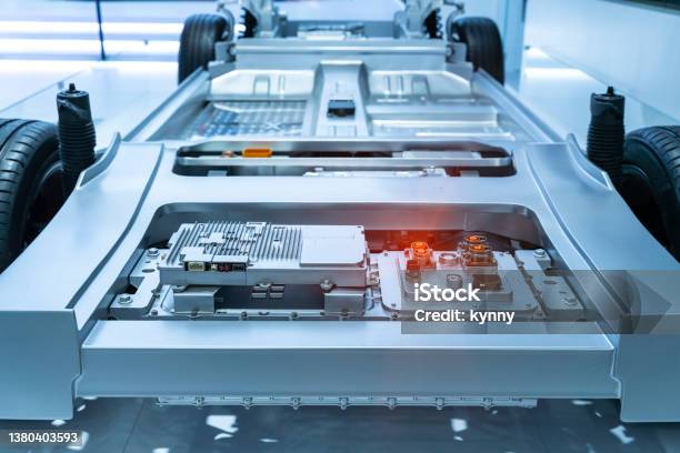 Chassis Of The Electric Car With Powertrain And Power Connectionelectric System Of Eco Car Concept Stock Photo - Download Image Now