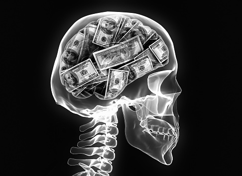 money brain isolated on black background x ray image skeleton skull