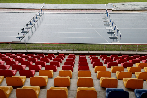 Prague, Capital City of Prague - Czech Republic - 09-19-2022: A view of a sports stadium in Prague against a dynamic cloudy backdrop