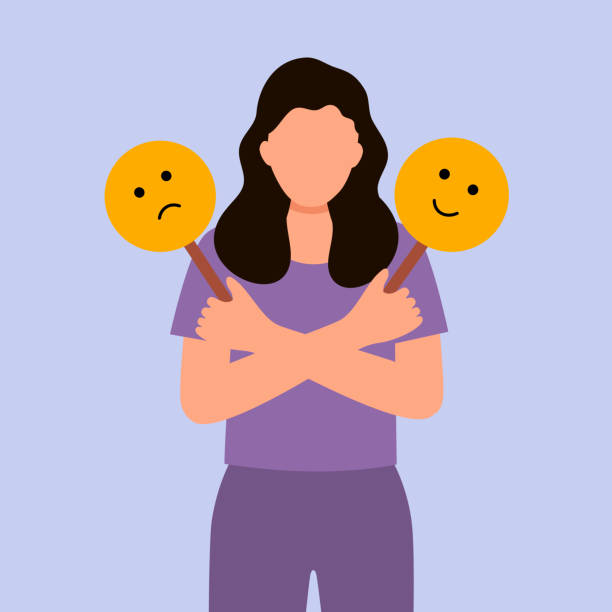 Woman with bipolar disorder symptom in flat design. Bipolar patient with mood swings sometimes in a good mood sometimes sad. Woman with bipolar disorder symptom in flat design. Bipolar patient with mood swings sometimes in a good mood sometimes sad. bipolar disorder stock illustrations