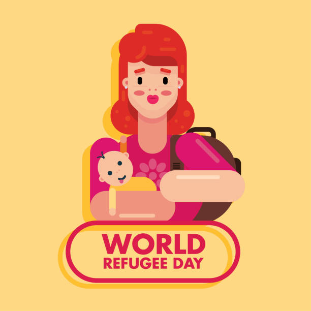 世界難民デー6月20日、悲しい母と赤はベクトルポスターバナーデザインを残して - インテグレーションサミット点のイラスト素材／クリップアート素材／マンガ素材／アイコン素材