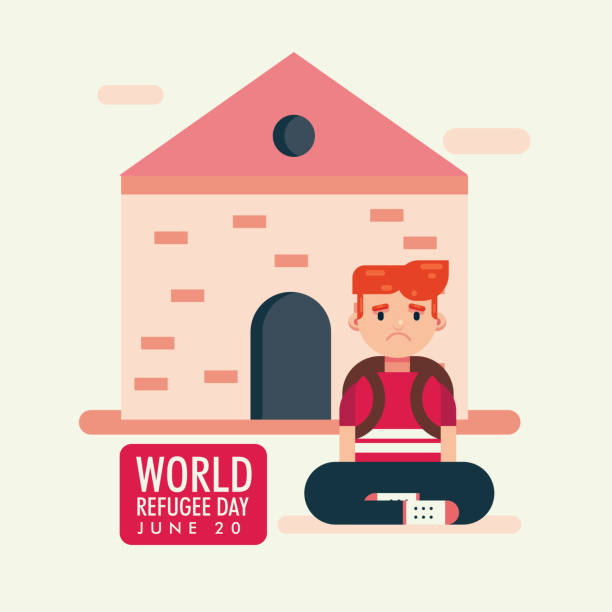 世界難民デー20 6月、家の漫画のイラストベクトルデザインを残して子供の男の子 - インテグレーションサミット点のイラスト素材／クリップアート素材／マンガ素材／アイコン素材