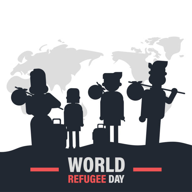 世界難民デー6月20日、戦争危機の人々の家族輸送地図ベクトルポスターバナーデザイン - インテグレーションサミット点のイラスト素材／クリップアート素材／マンガ素材／アイコン素材