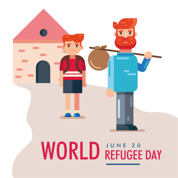 世界難民デー6月20日、父と息子の子供たちが家のベクトルポスターデザインを去る - インテグレーションサミット点のイラスト素材／クリップアート素材／マンガ素材／アイコン素材