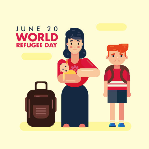 世界難民デー6月20日、バッグベクトルポスターデザインで残す赤ちゃんと息子の子供を持つ母親 - インテグレーションサミット点のイラスト素材／クリップアート素材／マンガ素材／アイコン素材