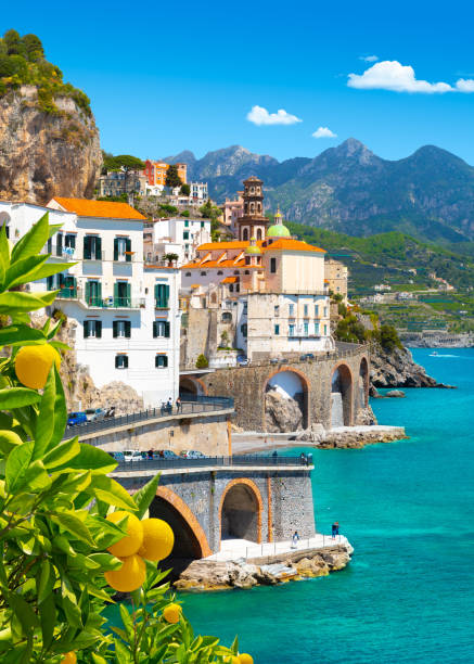 Beautiful view of Amalfi on the Mediterranean coast with lemons in the foreground, Italy Morning view of Amalfi cityscape on coast line of mediterranean sea, Italy amalfi food stock pictures, royalty-free photos & images