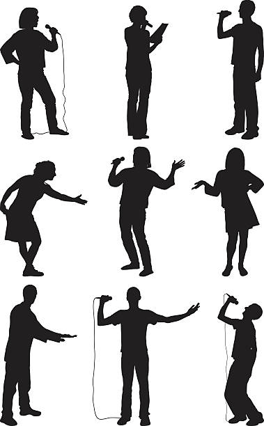 Announcing... Nine people making announcements (vector) microphone silhouettes stock illustrations
