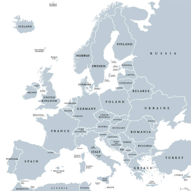 ilustraciones, imágenes clip art, dibujos animados e iconos de stock de europa, mapa político gris, un continente y parte de eurasia - europa mapa