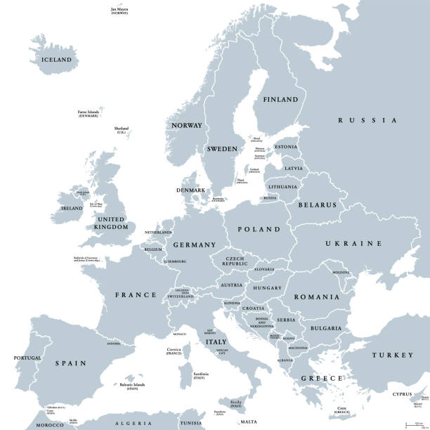 illustrazioni stock, clip art, cartoni animati e icone di tendenza di europa, mappa politica grigia, un continente e parte dell'eurasia - nord europeo