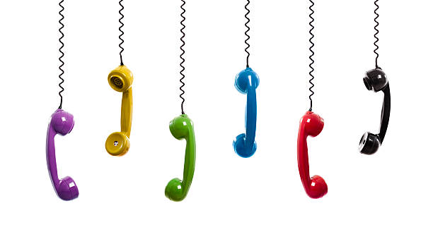 istock Six hanging vintage phones in different colors 138045793