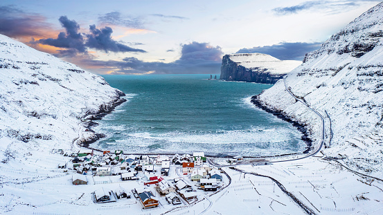 Tjørnuvík, Streymoy, Faroe Islands  - February 10, 2022; Tjørnuvík is the northernmost village on Streymoy island. The village is a popular surfing spot and is also famous for its view of the sea stacks Risin and Kellingin.