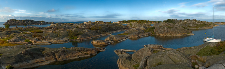 Aerial view of a Bohuslän coastal landscape in the Tanum municipality on the west coast of Sweden.