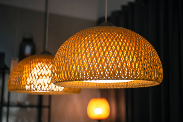 istock Woven bamboo lamp with black gray steel frame background 1380482207