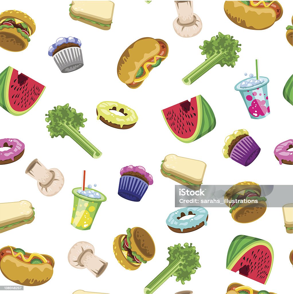 Food pattern lo-carb hi-carb (vector) Delicious food in a seamless pattern, such as hot dog, hamburger, donut, soda, melon, sandwich, muffin, celery and mushroom. Melon stock vector