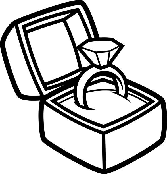 ilustrações, clipart, desenhos animados e ícones de delineado anel de noivado diamante de desenho animado na caixa - day gem ring open